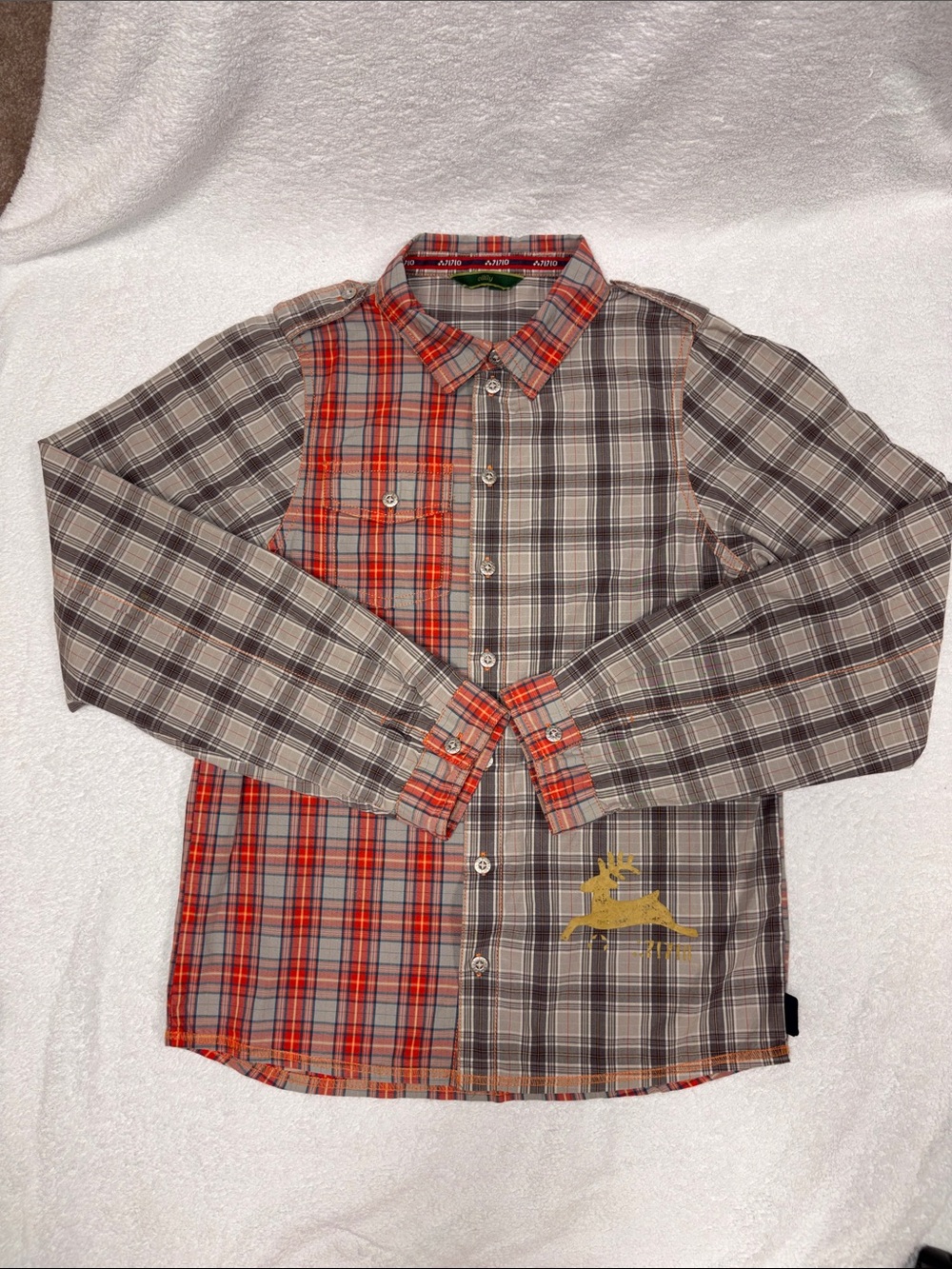 Oilily Two-Tone Plaid Button-Down Shirt shoulder tab 152 cm 11/12